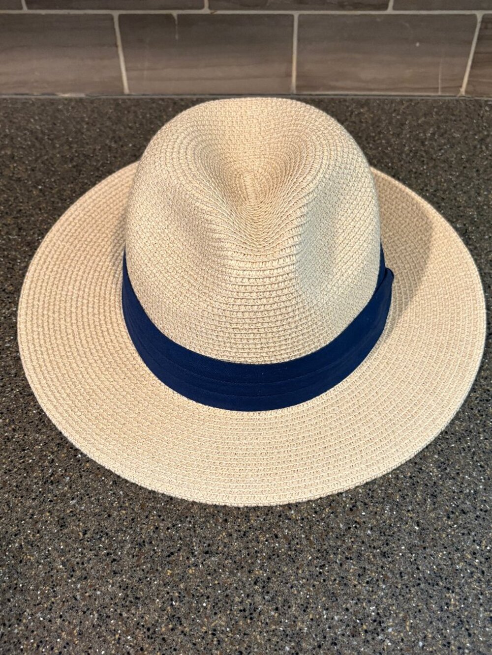 Panama hat fedora w/ navy ribbon band, 56-58cm